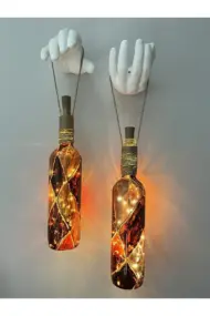 Heykel El Dekorlu Led Işıklı kahverengi Vitray Cam Şarap Şişesi Aplik 2'li set Cafe Bahçe Ev Dekoru - Görsel 3