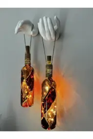 Heykel El Dekorlu Led Işıklı kahverengi Vitray Cam Şarap Şişesi Aplik 2'li set Cafe Bahçe Ev Dekoru - Görsel 4