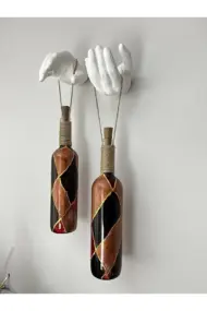 Heykel El Dekorlu Led Işıklı kahverengi Vitray Cam Şarap Şişesi Aplik 2'li set Cafe Bahçe Ev Dekoru - Görsel 5