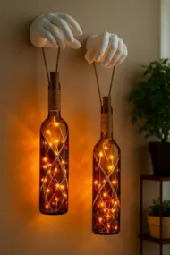 Heykel El Dekorlu Led Işıklı kahverengi Vitray Cam Şarap Şişesi Aplik 2'li set Cafe Bahçe Ev Dekoru - Görsel 8