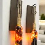 Led Işıklı Ceviz Renkli Vitray Cam Salon Bar bahçe Dekoru Şarap Şişesi Duvar Aplik 2'li Set