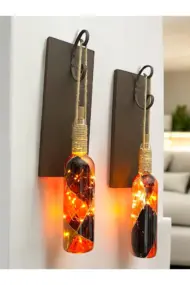 Led Işıklı Ceviz Renkli Vitray Cam Salon Bar bahçe Dekoru Şarap Şişesi Duvar Aplik 2'li Set