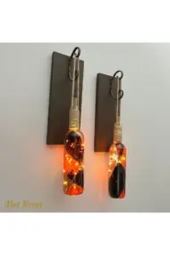 Led Işıklı Ceviz Renkli Vitray Cam Salon Bar bahçe Dekoru Şarap Şişesi Duvar Aplik 2'li Set - Görsel 2