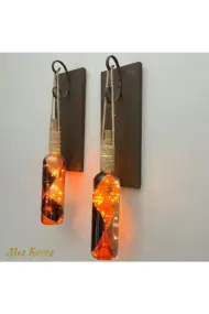 Led Işıklı Ceviz Renkli Vitray Cam Salon Bar bahçe Dekoru Şarap Şişesi Duvar Aplik 2'li Set - Görsel 4
