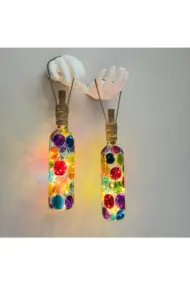 Beyaz Heykel El Dekorlu Led Işıklı Vitray Cam Şarap Şişesi Aplik 2'li set Cafe Bahçe Ev Dekoru