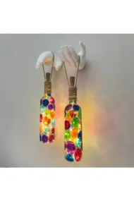 Beyaz Heykel El Dekorlu Led Işıklı Vitray Cam Şarap Şişesi Aplik 2'li set Cafe Bahçe Ev Dekoru - Görsel 3