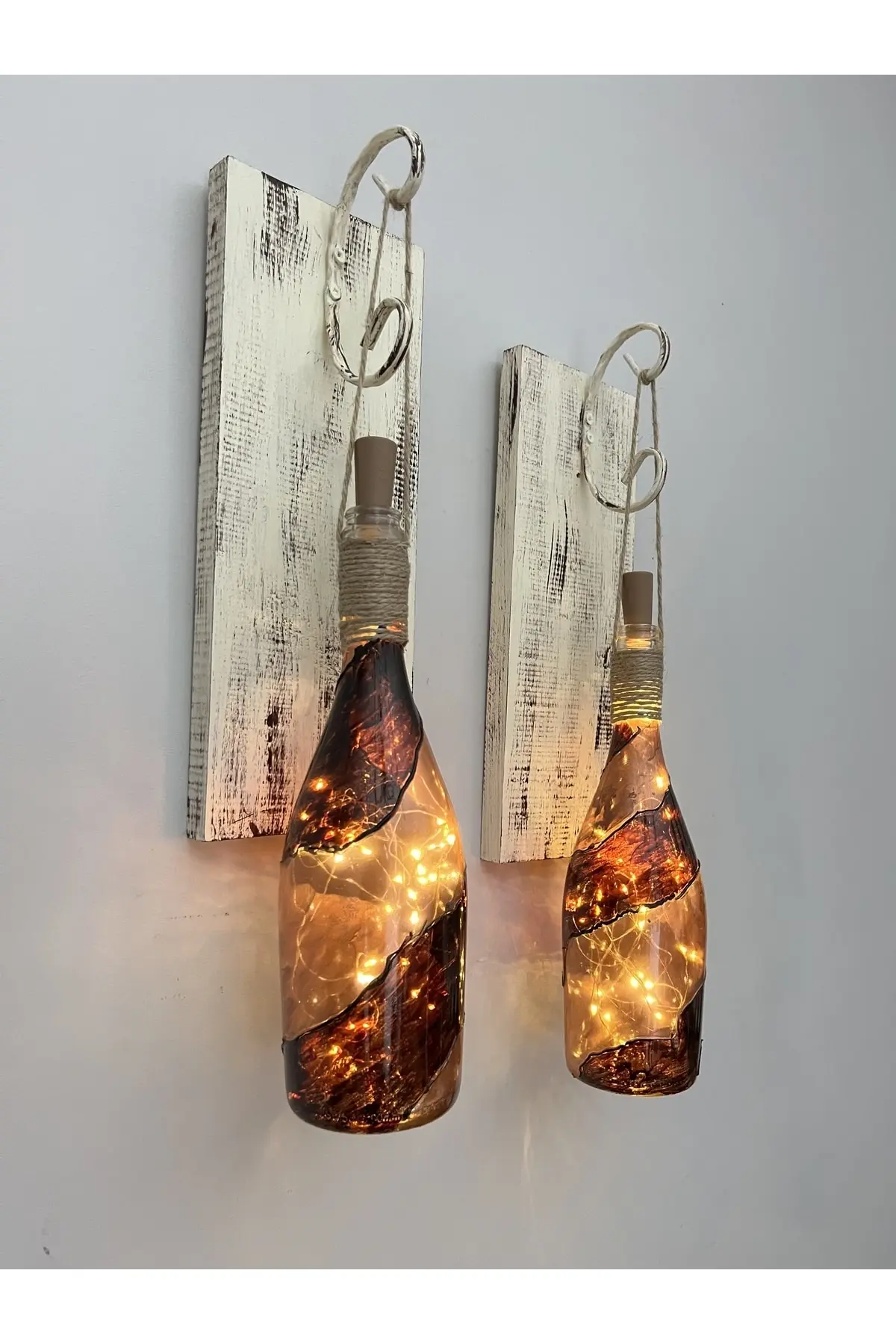 467964673431367-img-1_org_zoom Led Işıklı Ahşap Kahverengi Vitray Cam Salon Bar Bahçe Dekoru Şampanya Şişesi Aplik 2 Li Set - Görsel 1
