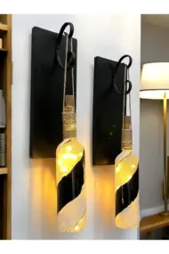 Led Işıklı Ahşap Siyah Renkli Vitray Cam Salon Bar Bahçe Dekoru Şarap Şişesi Duvar Aplik 2'li Set