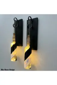 Led Işıklı Ahşap Siyah Renkli Vitray Cam Salon Bar Bahçe Dekoru Şarap Şişesi Duvar Aplik 2'li Set - Görsel 3