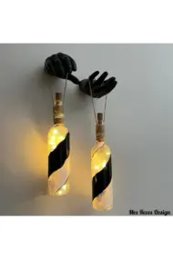 Siyah Heykel El Dekorlu Pilli Led Işıklı Vitray Cam Şarap Şişesi Aplik 2'li Set Cafe Bahçe Ev Dekoru