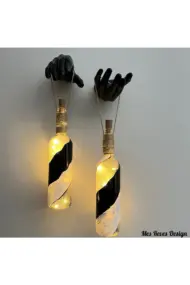 Siyah Heykel El Dekorlu Pilli Led Işıklı Vitray Cam Şarap Şişesi Aplik 2'li Set Cafe Bahçe Ev Dekoru - Görsel 2
