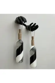 Siyah Heykel El Dekorlu Pilli Led Işıklı Vitray Cam Şarap Şişesi Aplik 2'li Set Cafe Bahçe Ev Dekoru - Görsel 4