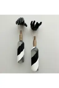 Siyah Heykel El Dekorlu Pilli Led Işıklı Vitray Cam Şarap Şişesi Aplik 2'li Set Cafe Bahçe Ev Dekoru - Görsel 5