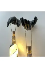 Siyah Heykel El Dekorlu Pilli Led Işıklı Vitray Cam Şarap Şişesi Aplik 2'li Set Cafe Bahçe Ev Dekoru - Görsel 7