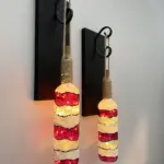 Led Işıklı Ahşap Kırmızı Renkli Vitray Cam Salon Bar Bahçe Dekoru Şarap Şişesi Duvar Aplik 2'li Set