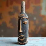 El Yapımı Özel Tasarım Insan Yüzü Heykel Dekorlu Siyah, Altın Yaldız Tasarım Dekor Şarap Şişesi