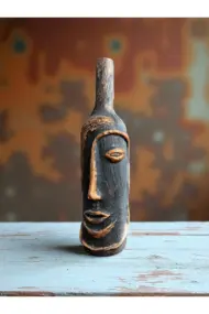 El Yapımı Özel Tasarım Insan Yüzü Heykel Dekorlu Siyah, Altın Yaldız Tasarım Dekor Şarap Şişesi