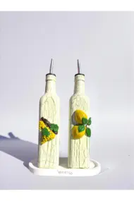 500 ml El Yapımı Limon ve Üzüm Desenli 2’li Cam Yağdanlık Sosluk Seti – Dekoratif Tasarım Mutfak
