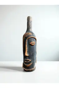 El Yapımı Özel Tasarım Insan Yüzü Heykel Dekorlu Siyah, Altın Yaldız Tasarım Dekor Şarap Şişesi - Görsel 2