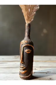 El Yapımı Özel Tasarım Insan Yüzü Heykel Dekorlu Siyah, Altın Yaldız Tasarım Dekor Şarap Şişesi - Görsel 4