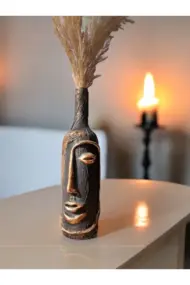 El Yapımı Özel Tasarım Insan Yüzü Heykel Dekorlu Siyah, Altın Yaldız Tasarım Dekor Şarap Şişesi - Görsel 5