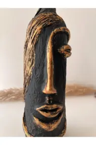 El Yapımı Özel Tasarım Insan Yüzü Heykel Dekorlu Siyah, Altın Yaldız Tasarım Dekor Şarap Şişesi - Görsel 6