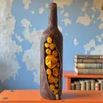 El Yapımı Özel Tasarım İnsan Yüzü Heykel Dekorlu Kahverengi Pas Efektli Tasarım Dekor Şarap Şişesi