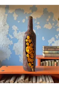 El Yapımı Özel Tasarım İnsan Yüzü Heykel Dekorlu Kahverengi Pas Efektli Tasarım Dekor Şarap Şişesi