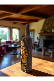 El Yapımı Özel Tasarım İnsan Yüzü Heykel Dekorlu Kahverengi Pas Efektli Tasarım Dekor Şarap Şişesi - Görsel 4