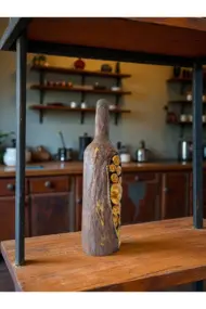 El Yapımı Özel Tasarım İnsan Yüzü Heykel Dekorlu Kahverengi Pas Efektli Tasarım Dekor Şarap Şişesi - Görsel 5