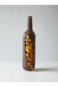 El Yapımı Özel Tasarım İnsan Yüzü Heykel Dekorlu Kahverengi Pas Efektli Tasarım Dekor Şarap Şişesi - Görsel 6