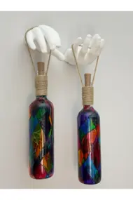 Beyaz Renkli Erkek Eli Heykeli Ve Tıpa Peri Led Işıklı Vitray Cam Şarap Şişesi Aplik 2'li Set - Görsel 2