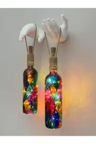 Beyaz Renkli Erkek Eli Heykeli Ve Tıpa Peri Led Işıklı Vitray Cam Şarap Şişesi Aplik 2'li Set - Görsel 4