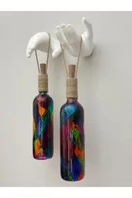 Beyaz Renkli Erkek Eli Heykeli Ve Tıpa Peri Led Işıklı Vitray Cam Şarap Şişesi Aplik 2'li Set - Görsel 5