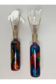 Beyaz Renkli Erkek Eli Heykeli Ve Tıpa Peri Led Işıklı Vitray Cam Şarap Şişesi Aplik 2'li Set - Görsel 6