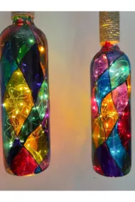 Beyaz Renkli Erkek Eli Heykeli Ve Tıpa Peri Led Işıklı Vitray Cam Şarap Şişesi Aplik 2'li Set - Görsel 7