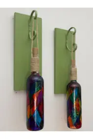 Yeşil Renkli Ahşap Ve Ferforje Dekorlu Peri Led Işıklı Vitray Cam Şarap Şişesi Duvar Aplik 2'li Set - Görsel 3