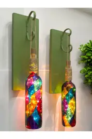 Yeşil Renkli Ahşap Ve Ferforje Dekorlu Peri Led Işıklı Vitray Cam Şarap Şişesi Duvar Aplik 2'li Set - Görsel 4