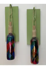 Yeşil Renkli Ahşap Ve Ferforje Dekorlu Peri Led Işıklı Vitray Cam Şarap Şişesi Duvar Aplik 2'li Set - Görsel 6