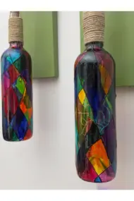 Yeşil Renkli Ahşap Ve Ferforje Dekorlu Peri Led Işıklı Vitray Cam Şarap Şişesi Duvar Aplik 2'li Set - Görsel 8