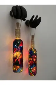Siyah Renkli Erkek Eli Heykeli Ve Tıpa Peri Led Işıklı Vitray Cam Şarap Şişesi Aplik 2'li Set
