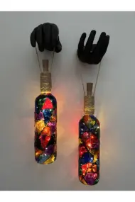 Siyah Renkli Erkek Eli Heykeli Ve Tıpa Peri Led Işıklı Vitray Cam Şarap Şişesi Aplik 2'li Set - Görsel 2