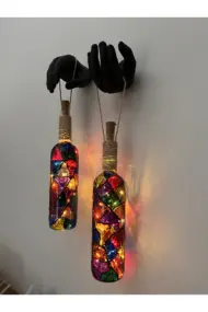 Siyah Renkli Erkek Eli Heykeli Ve Tıpa Peri Led Işıklı Vitray Cam Şarap Şişesi Aplik 2'li Set - Görsel 3