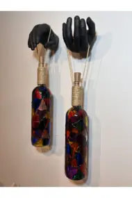 Siyah Renkli Erkek Eli Heykeli Ve Tıpa Peri Led Işıklı Vitray Cam Şarap Şişesi Aplik 2'li Set - Görsel 7