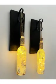 Led Işıklı Siyah Renkli Buzlu Eskitme Cam Salon Bar Bahçe Dekoru Şarap Şişesi Duvar Aplik 2'li Set