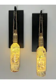 Led Işıklı Siyah Renkli Buzlu Eskitme Cam Salon Bar Bahçe Dekoru Şarap Şişesi Duvar Aplik 2'li Set - Görsel 2