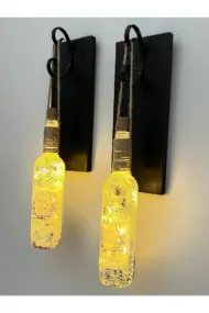 Led Işıklı Siyah Renkli Buzlu Eskitme Cam Salon Bar Bahçe Dekoru Şarap Şişesi Duvar Aplik 2'li Set - Görsel 3