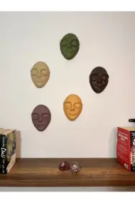 El Yapımı Özel Tasarım Oval Stil Renkli Duvar Maskları 5'li Set Sarı- Yeşil- Kahverengi Tonları