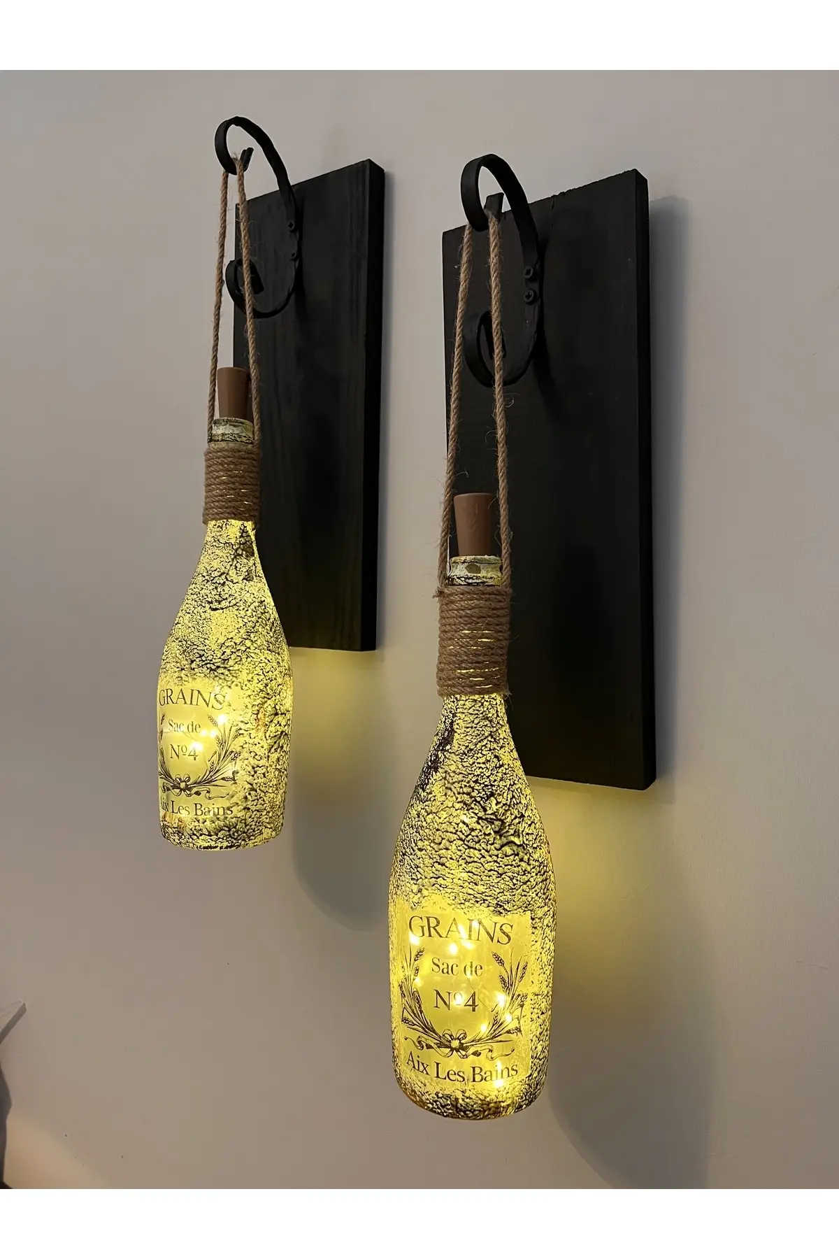 649764131-img-1_org_zoom Tıpa Peri Led Işıklı Siyah Ahşap Cam Şampanya Şişesi Duvar Aplik 2'li Set - Görsel 1