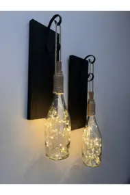 Tıpa Peri Led Işıklı Siyah Ahşap Cam Şampanya Şişesi Duvar Aplik 2'li Set